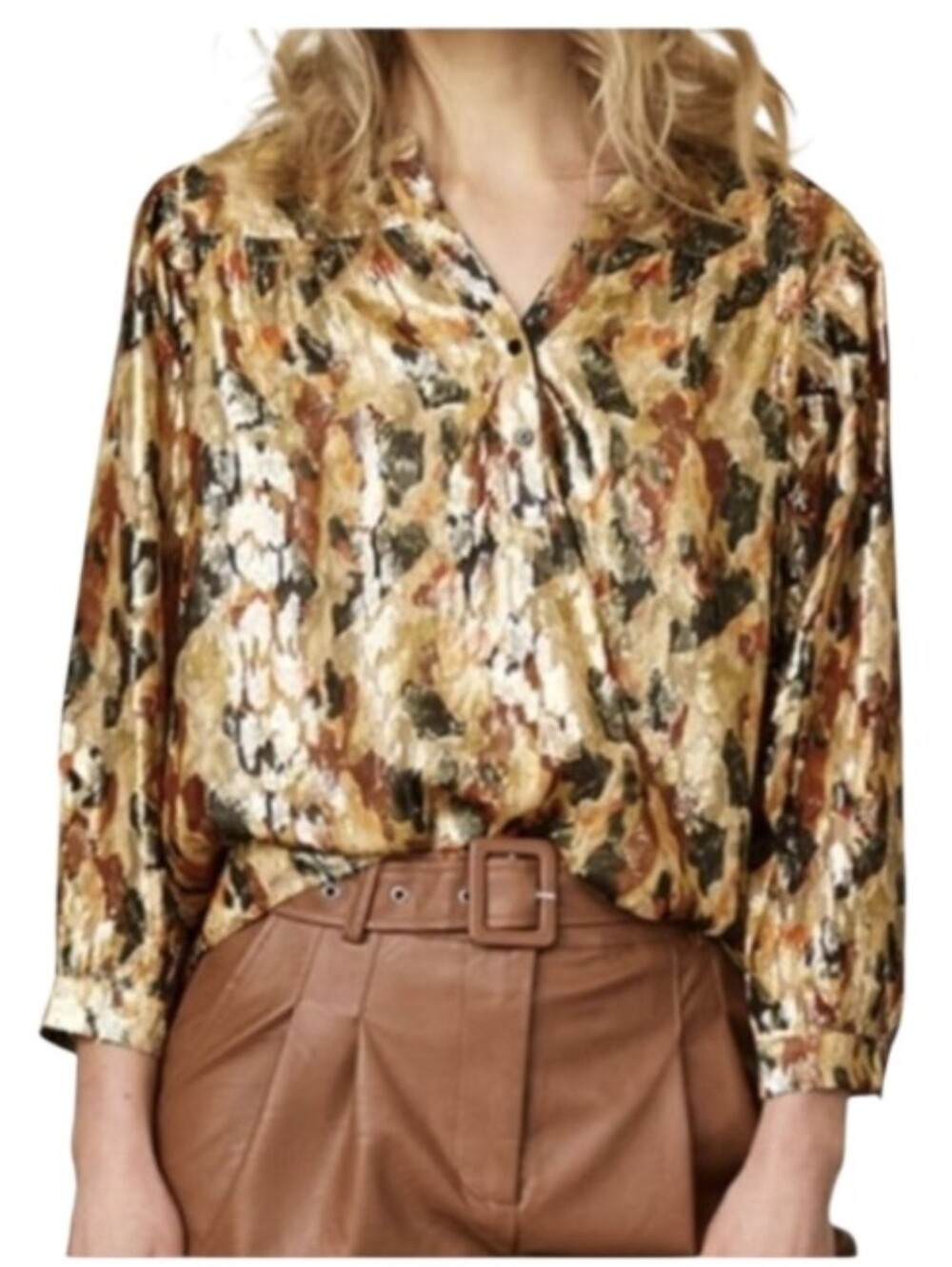 ba&sh Gaby Silk Top Large Metallic Gold Multi-Tone Printed Blouse Luxury